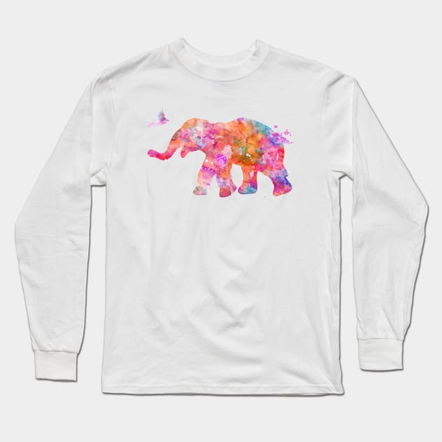 Pink Baby Elephant Watercolor Painting Long Sleeve T-Shirt by Miao Miao Design